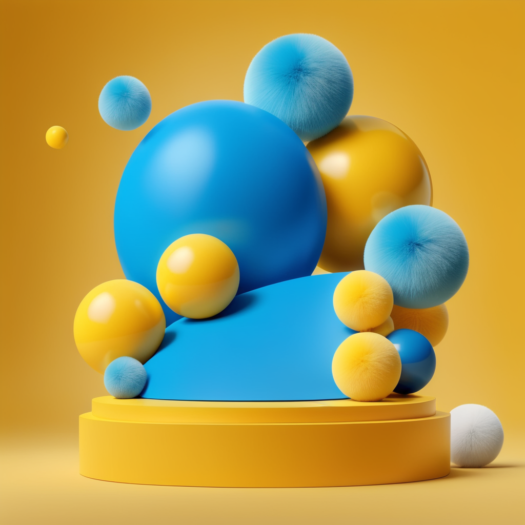 Modern minimal layout podium display with fluffy balls yellow background 3d rendering