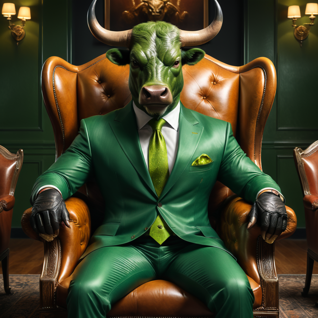 A men wearing green suit and has a bull's head sitting in leather armchairs.