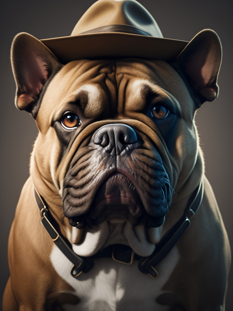 a British Bull dog wearing a cowboy hat.