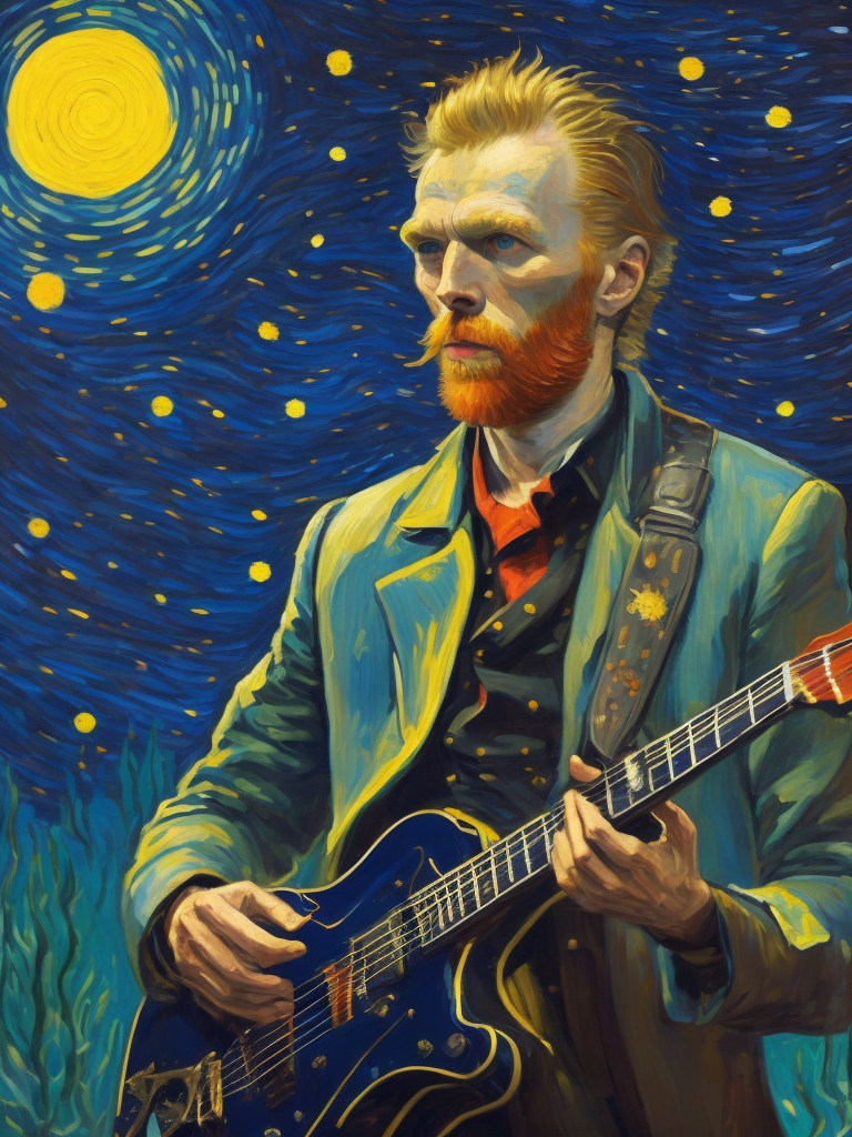 Rock star vincent van gogh on stage with his band at a big festival under Starry Night, oil painting van gogh style, big brush strokes