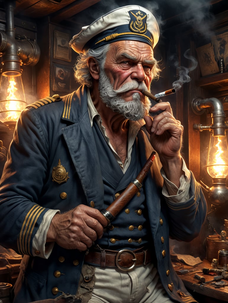 grumpy old sailor captain, torn and tattered clothes, smoking a pipe, comic book art