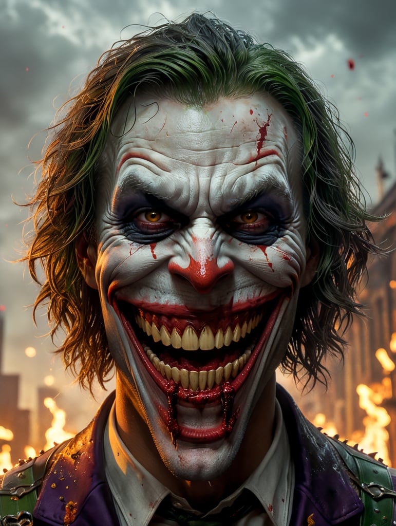 Create an image of a big, scary smile resembling the Joker's grin, with teeth that appear to be dripping with blood, all while ensuring that the overall appearance of the image remains unchanged, the face should remain female