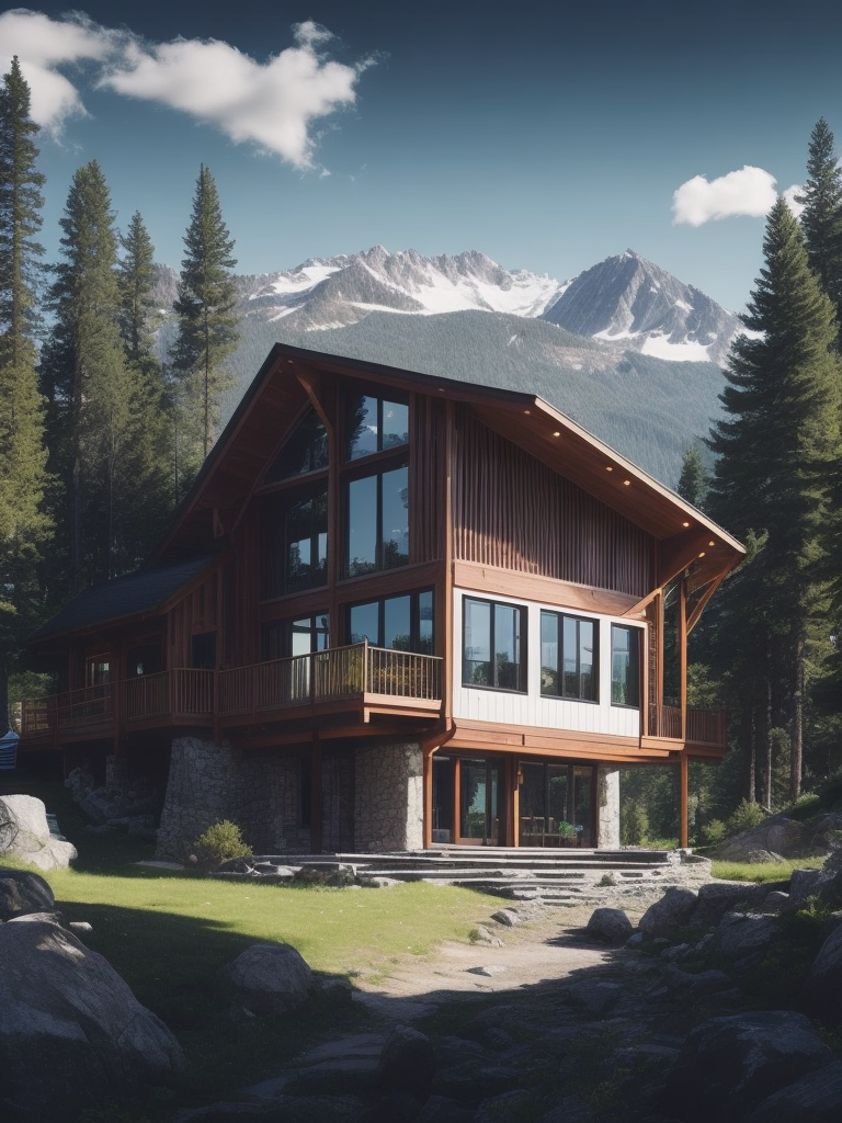Watercolour sketch of a modern mountain timber frame house and sauna house, timber, rock, stone, modern, muted colours. by jean-baptiste monge