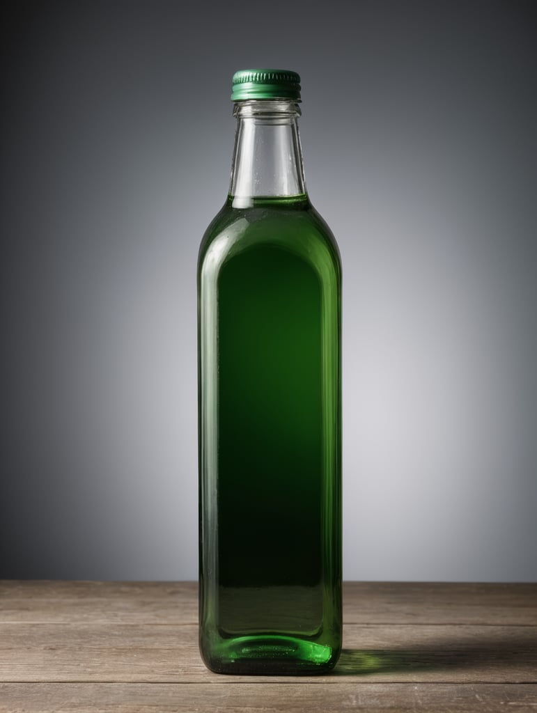 square Green glass bottle with mineral water mockup, no label, isolated, grey background