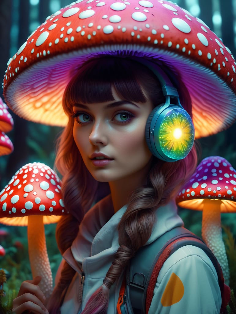 Girl amanita muscaria, psychedelic, trippy, extremely detailed vibrant, cinematic lights, hyper realistic, hyper detailed, Sony Alpha α7, photorealistic, wearing glass, bunny hairstyle