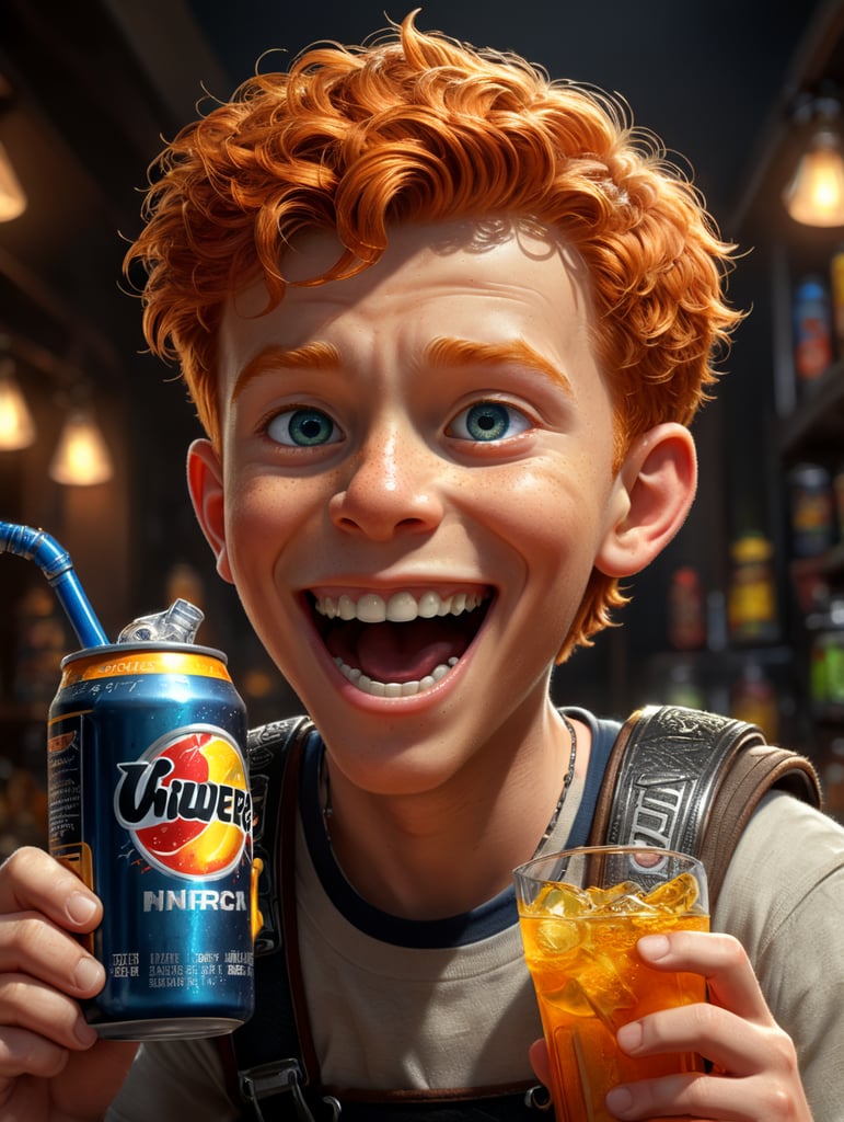 Ginger Disney Pixar-style boy with braces drinking an energy drink.