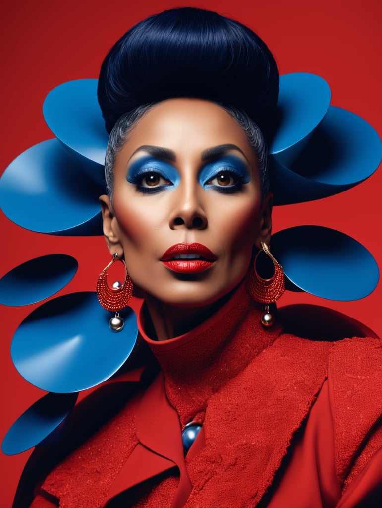 Donyale luna, avant-garde, simplygo, photoshoot spread, dressed in all red, blue background, harpers bizarre, cover, headshot, hyper realistic