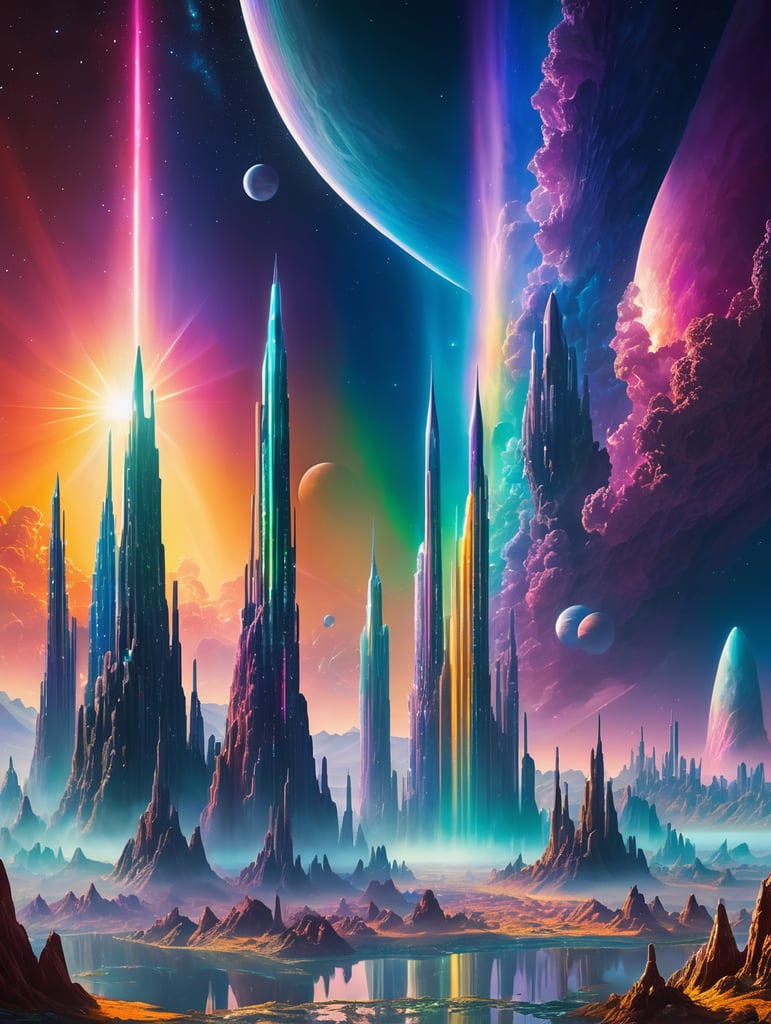 Design a mesmerizing extraterrestrial cityscape with towering crystalline structures that refract sunlight into a spectrum of dazzling colors, casting a vibrant glow across the alien skyline.