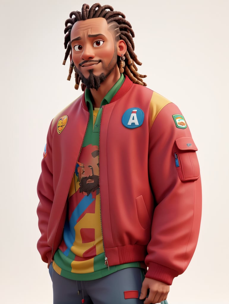 a man with dreadlocks on his head is wearing a colored jersey and a red bomber jacket