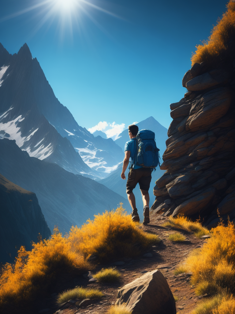 Man hiking in a mountain, brilliant blue sky, serene, peaceful, majestic, high detail, landscape, ultra hd, matte painting, highly detailed, concept art, contrast light, deep colors