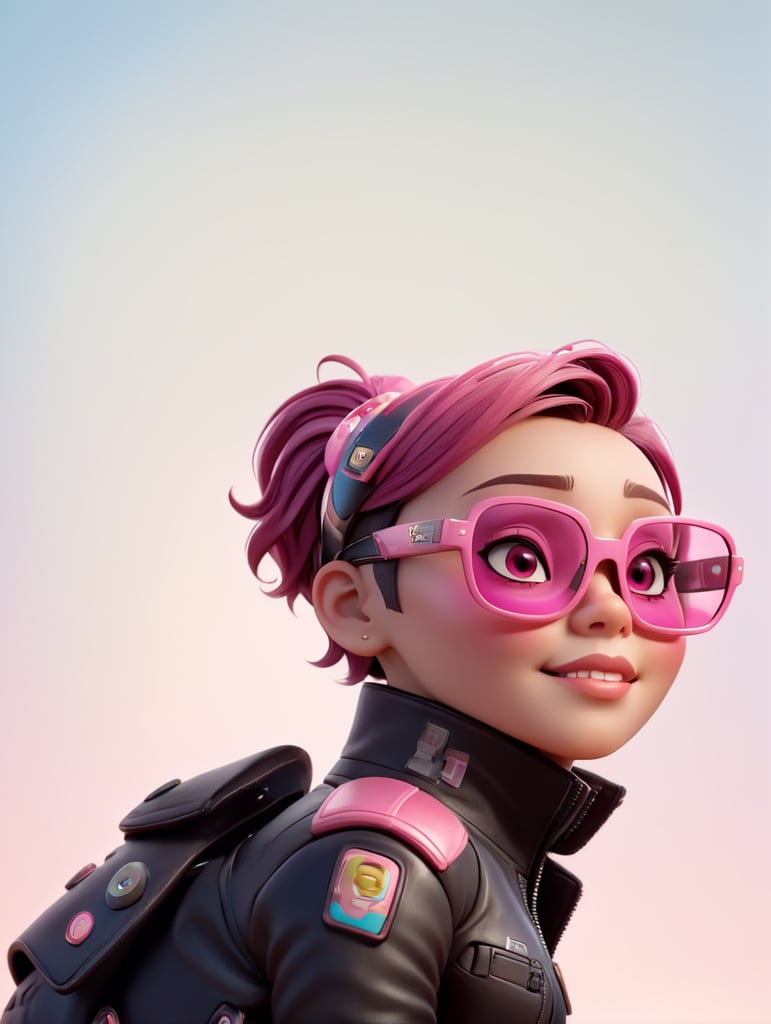 cyborg android, dressed in pink glasses and a leather jacket