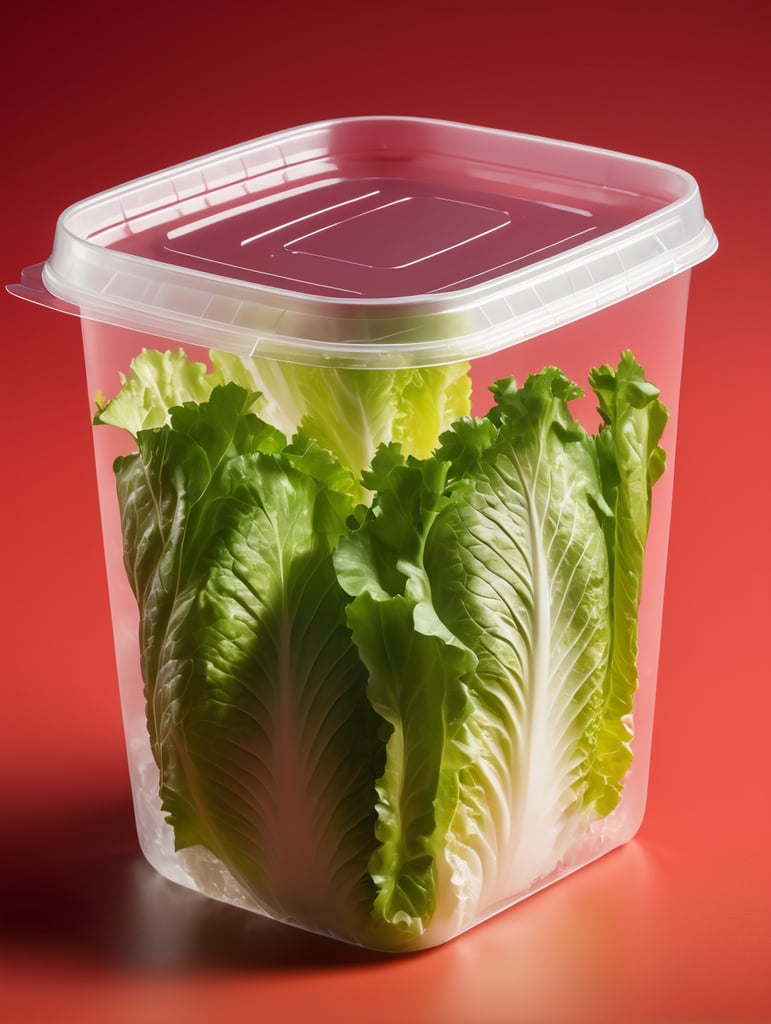 blank Transparent Plastic Container with Iceberg lettuce Salad, isolated, red background, Mockup, mock up
