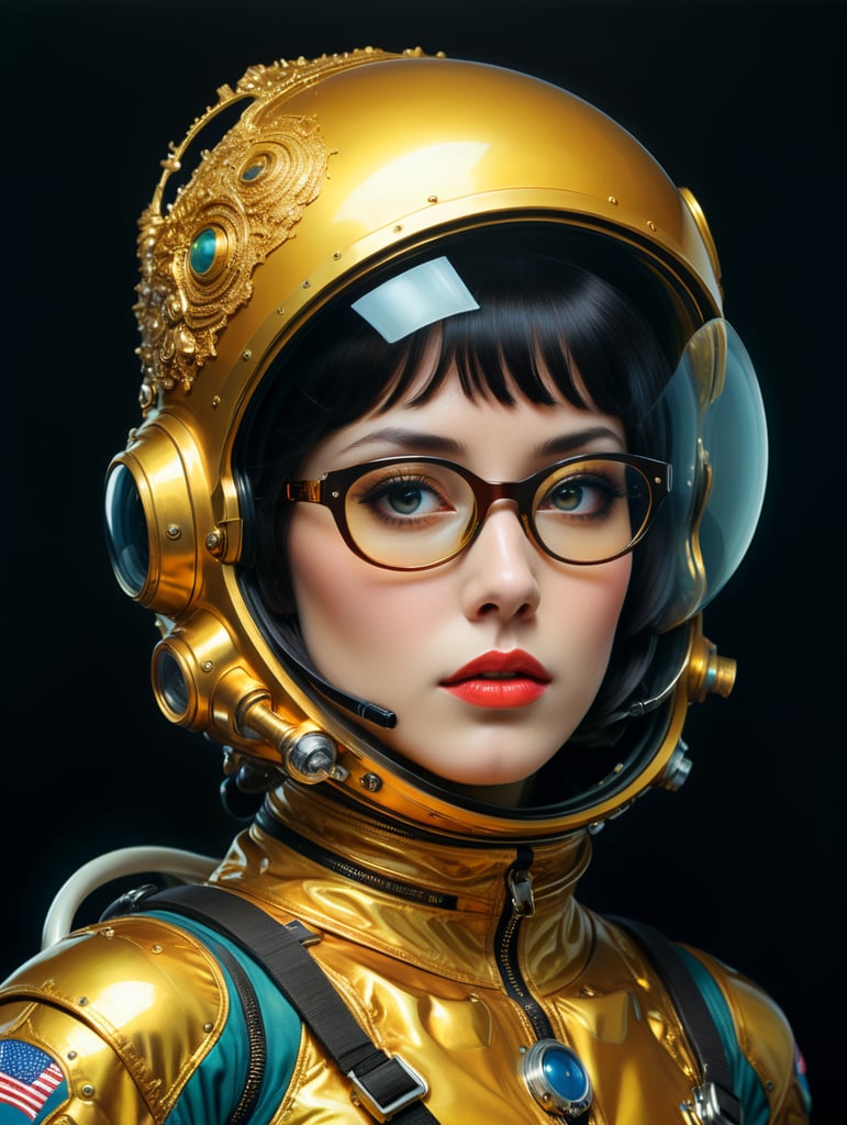 In 1998, abstract fashion photography captured a 1960s astronaut woman in a gold spacesuit with a large helmet and glasses. The art, created by Victor Moscoso and Bridget Riley, used Kodak Ektar 100 film. Carne Griffiths added a touch of magic with fluid art, while artists like Conrad Roset, Ilya Kuvshinov, Mark Fielding, and Zwy Studio emphasized high lights in the eyes. Sergio Lopez and Natalie Shau also contributed to the artwork.