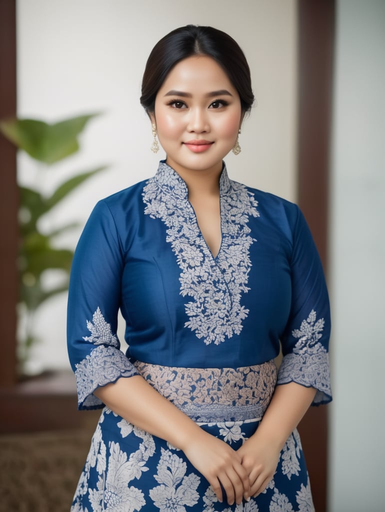 An Indonesian woman is slightly fat, chubby cheeks, flat nose, Slightly oval face shape,wearing a kebaya Blue ,No make up, white skin,Wearing a batik skirt