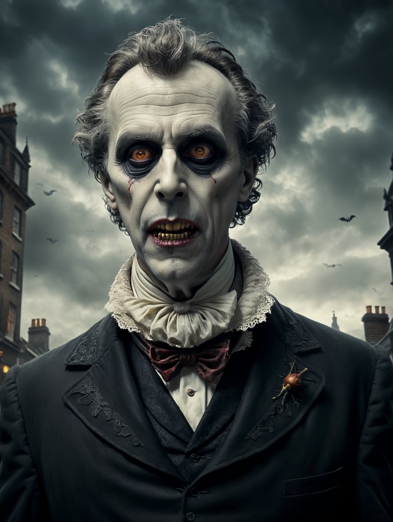 By Tim Burton, spooky Halloween eve, use reference image embodying a grotesque Victorian gentleman ghost, haunted London streets, surreal horror, Halloween charm, cinematic photography, action shoot, movement, epic, high definition