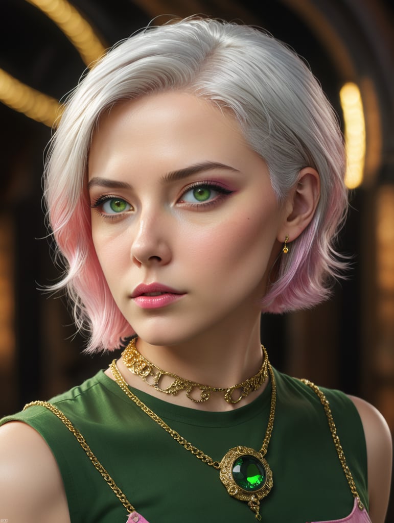 Белые волосы не очень длинные, зеленые глаза, тонкая золотая цепочка, розовая Майка не очень длинная, черные широкие штаны