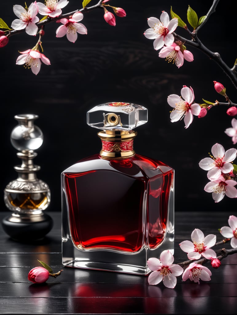 professional photography of a luxury perfume bottle on a black wooden desk, red satin scarf and sakura blossom in the background, no label, clear, mockup