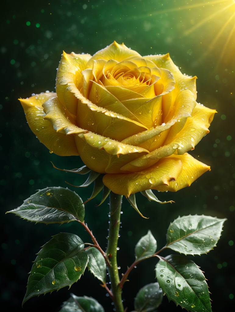the epic shot of a crystalized yellow rose with its green stem, 8k resolution, fantasy concept art, dynamic lighting, cinematic, epic glowing galaxy background, deep depth of field, 3D, constellation map, fractal crack effect, 16k resolution photorealistic, bokeh, a masterpiece by Alberto Seveso, breathtaking intricate details, realistic and lifelike cgi diorama, dramatic natural lighting, reflective catchlights, high quality CGI VFX fine art