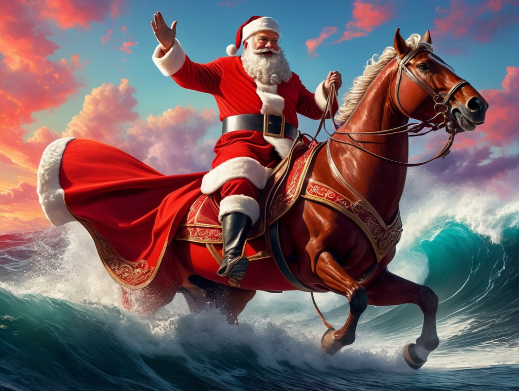Santa Claus Surfing, Saturated colors, red outfit