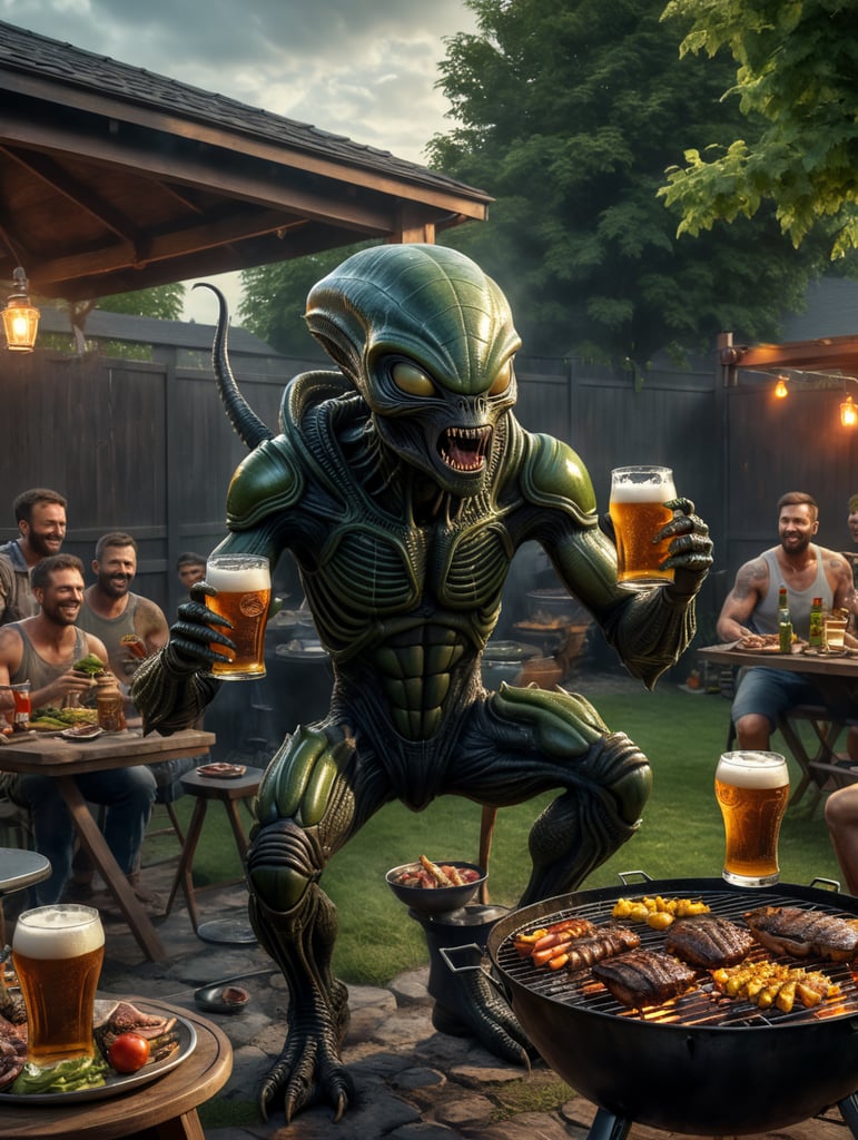 Alien drinking can beer and grilling for neighbors at a backyard BBQ