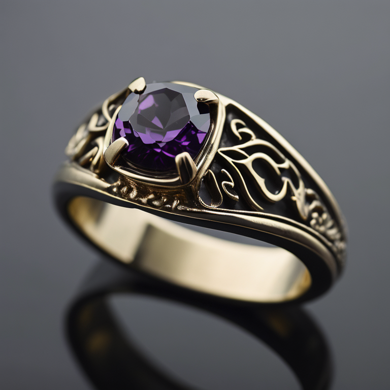 Золотое кольцо с руандийским аметистом в готическом стиле, отделка мелкими черными бриллиантами