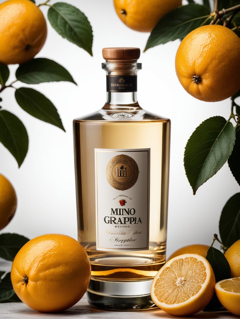 Packaging and branding for a Italian grappa under the brand Mino. The design should be classic yet with a modern touch. Bottle should be placed at a table with traditional italian food.
