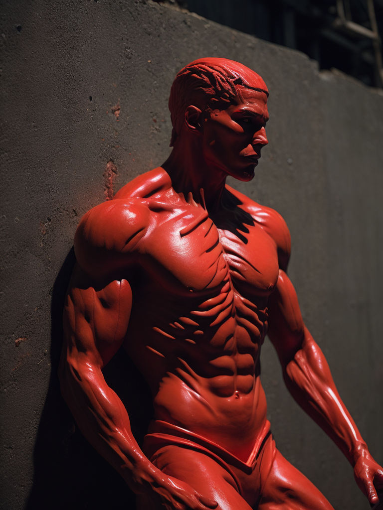 Red plastic statue of a man melting into the concrete concrete room dark and moody