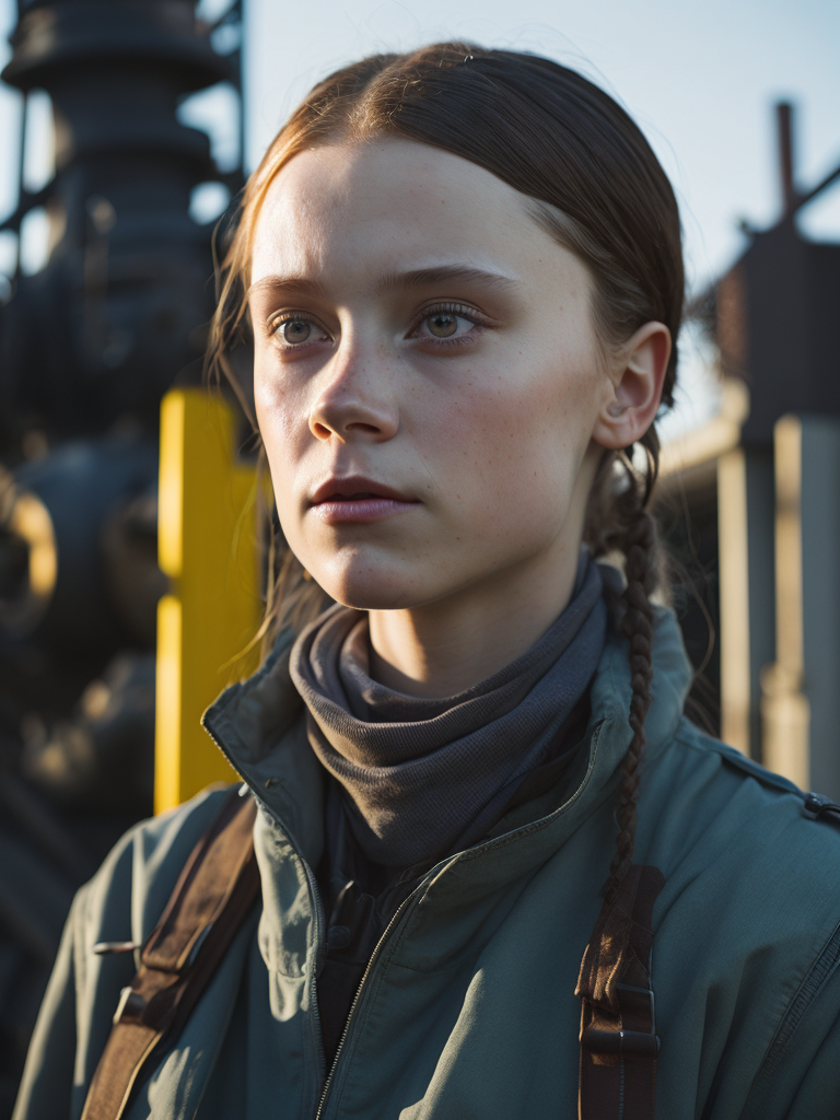 greta thunberg As oil rig worker, realistic, high detail, steampunk styled