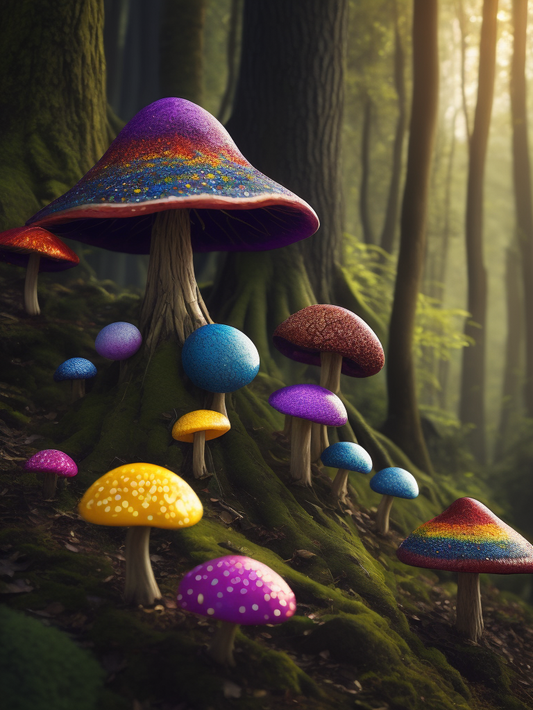 42 mushrooms of various sorts growing under the trees of the fabulous dark mysterious forest. The caps of rainbow mushrooms are covered in glitter and glow from the inside in various acidic colors. Fantastic Poison Mushrooms grow at the foot of the tree. Fairytail style , photorealistic details and clear, sharp and colorful high-resolution picture. Lewis Carroll, Alice's Adventures in Wonderland style.