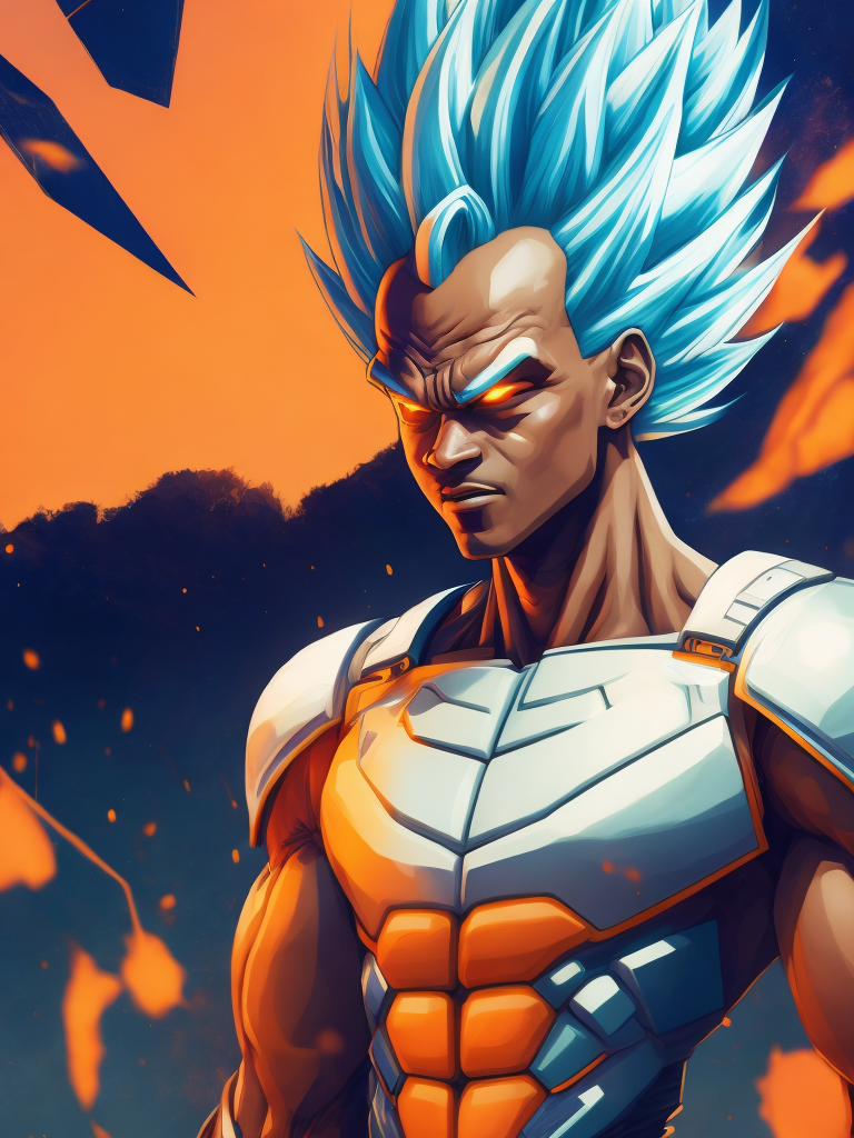 Will Smith as Dragon Ball character Vegeta, aggressive face, blue and white suit, spiky hairstyle, bright saturated colors, bright gradient background,