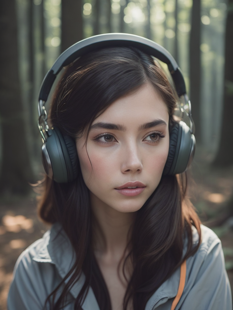 Beautiful girl listening to relaxing music with her headphones that takes her to a surreal forest, art by ilya kuvshinov and wlop, intricate, sharp focus, trending on artstation