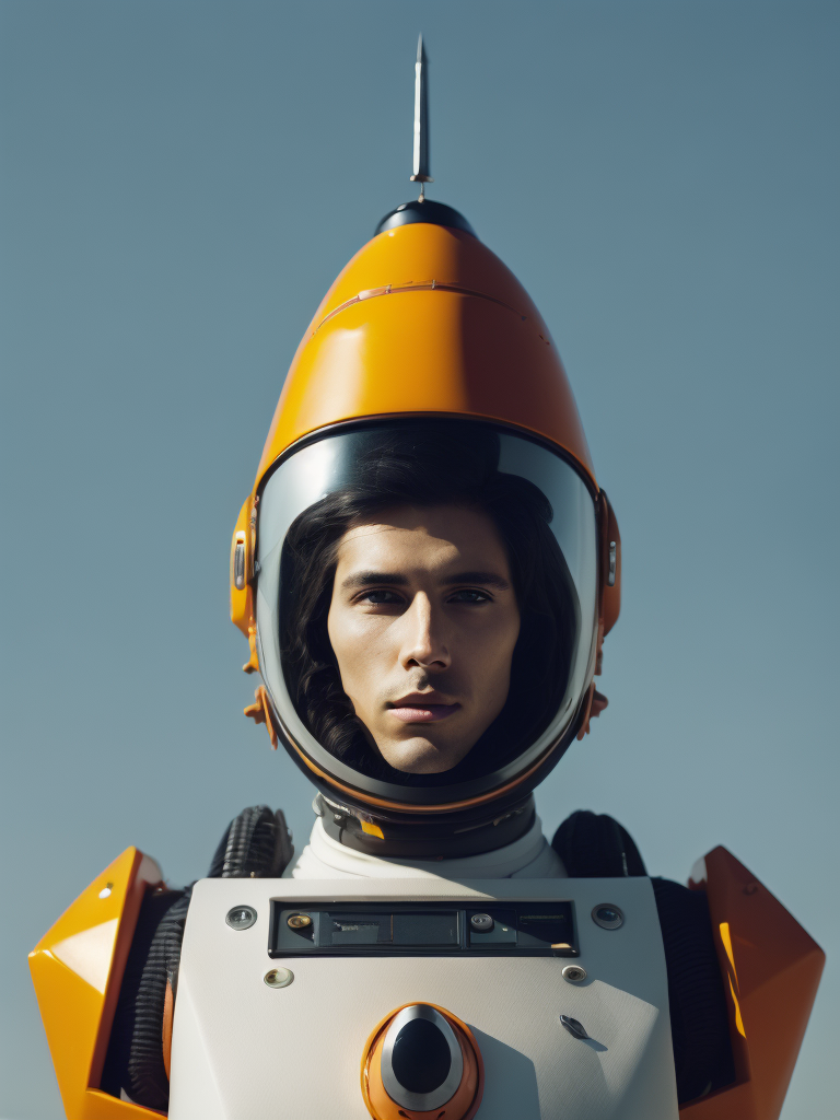 minimalistic fashionable gloomy portrait of space rocket robot, fur details, minimalistic design, minimal details, Versace, givenchy, film still from Wes Anderson, photograph, photoreal, 200mm, HD, f 2.0, highly detailed, accurate