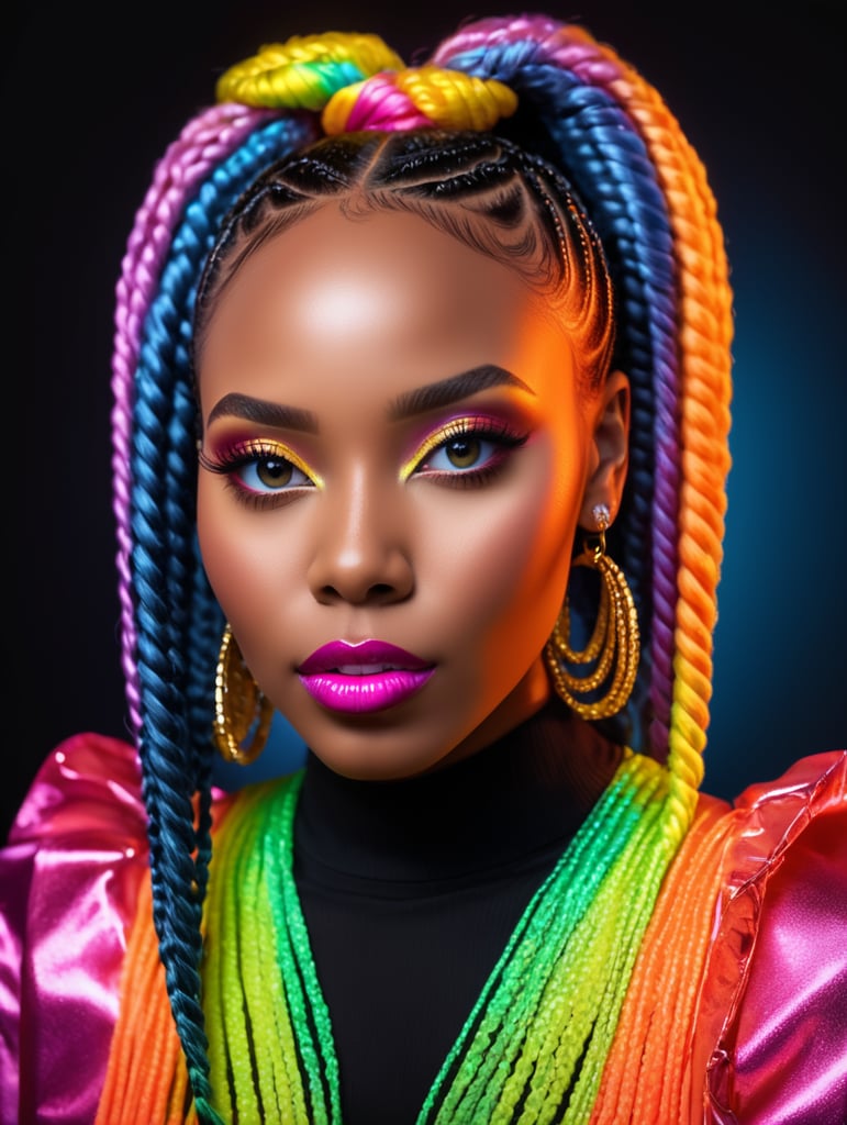portrait of a beautiful black girl with box braids, black hair, model appearance, bright makeup, Black background with colored light behind the girl, bright blouse, full lips, contrasting light,