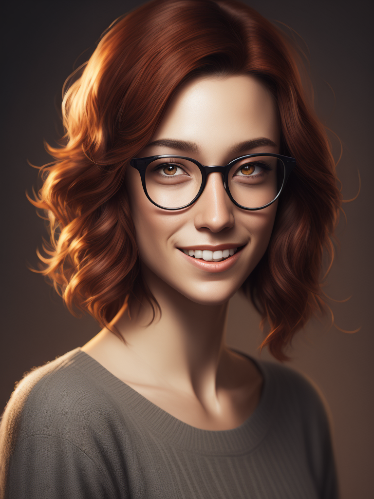 young woman reddish brown hair shorter wavy hair brown eyes girl next door look smiling friendly looking quiet understated beauty nerdy glasses