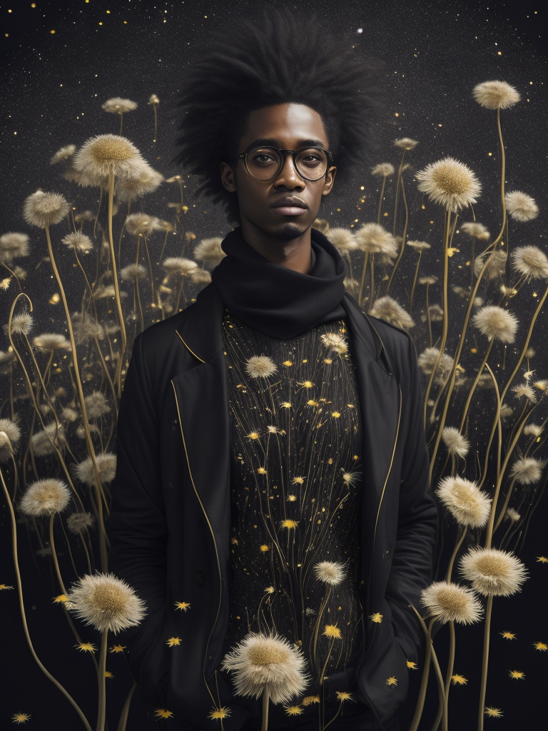 full body view of vantablack portrait in dandelions a with shine gold endings, eternal space, planets, saturn , captured with a Hasselblad camera