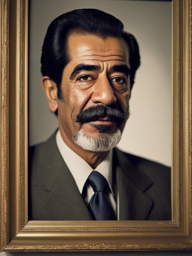 Portrait of Sadam Husein, Saddam Hussein was a prominent political figure who served as the President of Iraq from 1979 to 2003. He led Iraq through a period marked by conflict, both domestically and internationallyn, portrait in Iraq office, special atention of red sharp focus, highly detailed, photorealistic photoreal: 1.4, lifelike,highly detailed CG unified 8K,looking at the viewer smiling, (HQ skin:1.4), 8k uhd, dslr, soft lighting, high quality, film grain, Fujifilm XT3, smiling front camera. Saddam Hussein was the President of Iraq from 1979 to 2003. He was known for his distinctive physical appearance. Here's a description of his physical attributes: Saddam Hussein was of average height, standing around 6 feet (183 cm) tall. He had a stout build and often appeared in military uniforms or traditional Arab attire. He had a mustache and typically kept his hair closely cropped. His facial features included a prominent nose and dark eyes. Throughout his rule, Saddam Hussein was often seen wearing milita