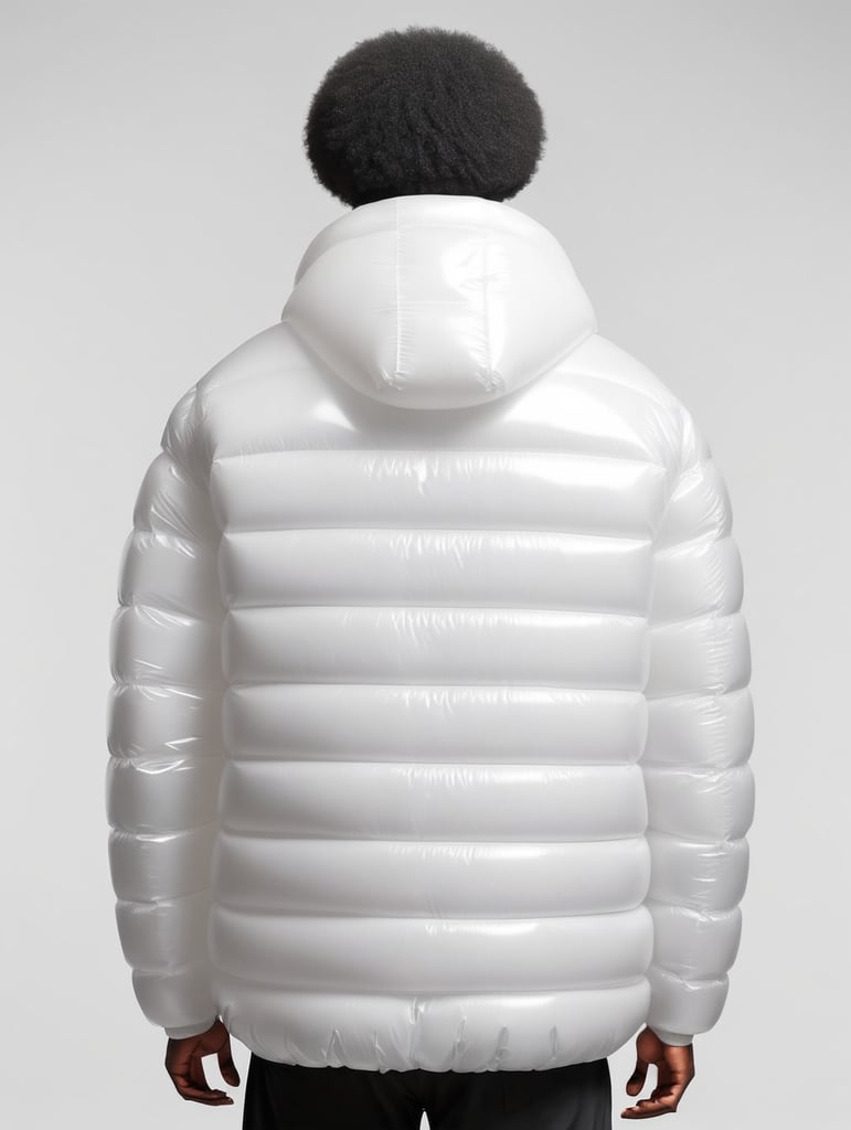 Inflatable white minimalist man's puffer jacket, black afro man, back view, transparent, isolated, grey background, mockup