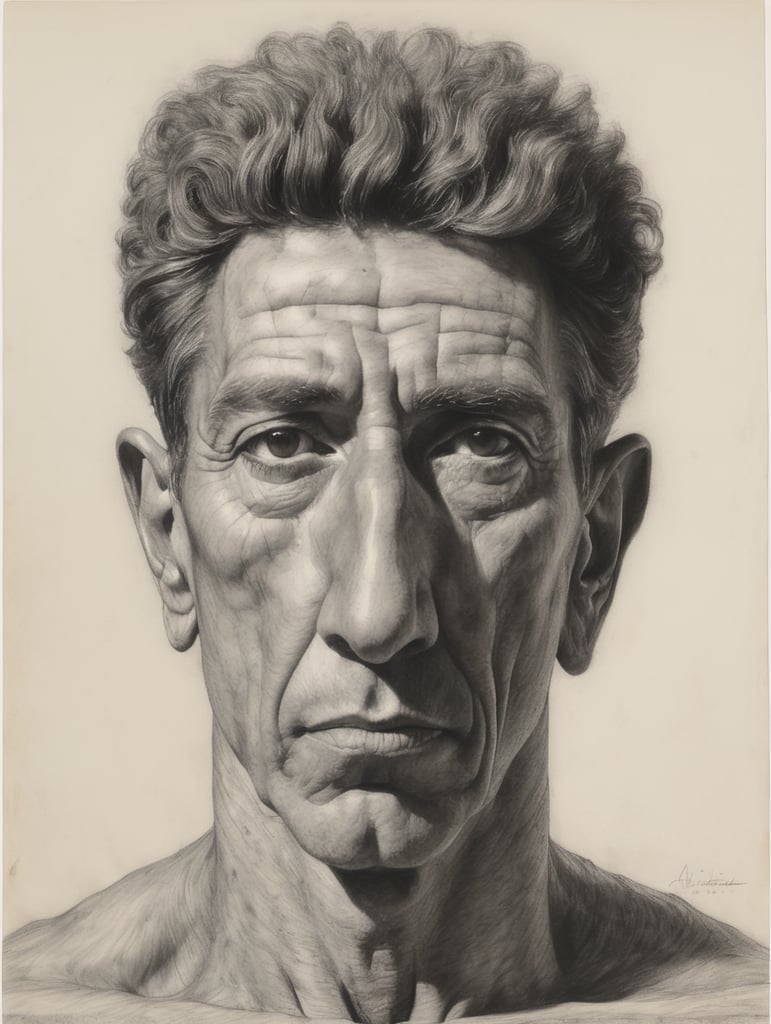a drawing of a man with a head in the middle of it's face and a line of hair on his head, Alberto Giacometti, figurative art, stanley artgermm, a charcoal drawing