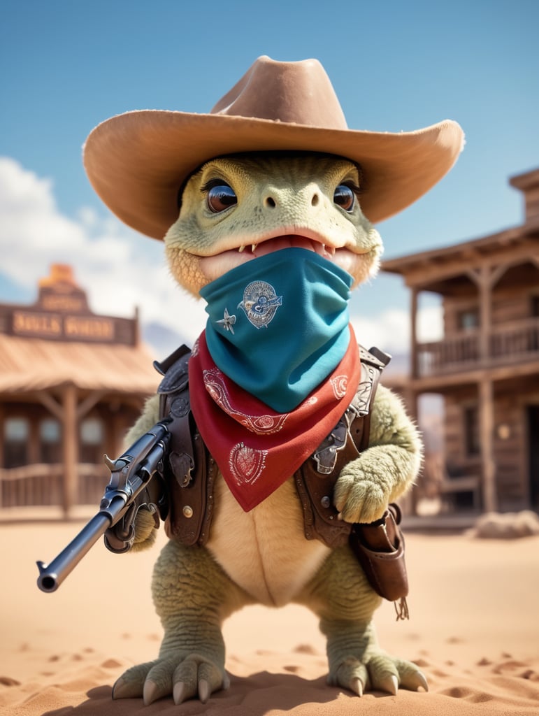 an adorable and fluffy baby dinosaur, cowboy, bandana over mouth, western, desert, with a western village and saloon, sandstorm, old revolver, bright sky, with blur background, high quality, 8k