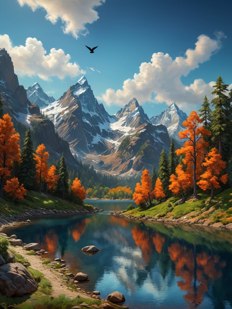 mountain range around lake, trees, blues, greens and oranges, open space in middle, orange fruit, blue background, simple dark blue bird silhouettes,