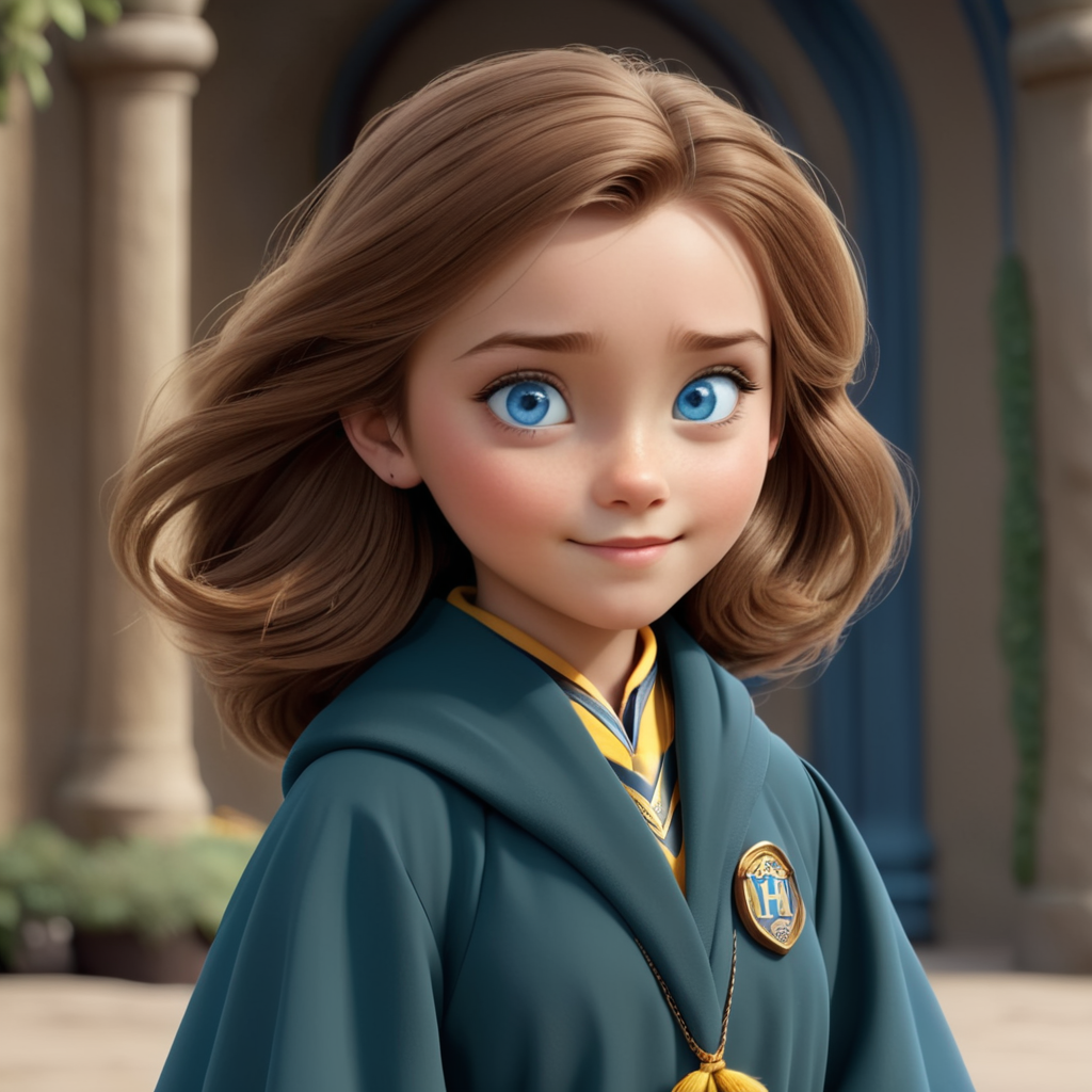 a girl with blue eyes, brown straight hair dressed in hufflepuff hogwarts robes