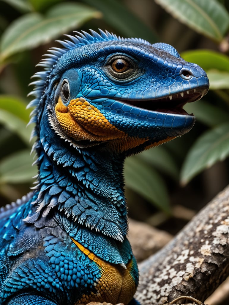 Blue feathered lizard, Vibrant colors, Depth of field, Incredibly high detail, Blurred background