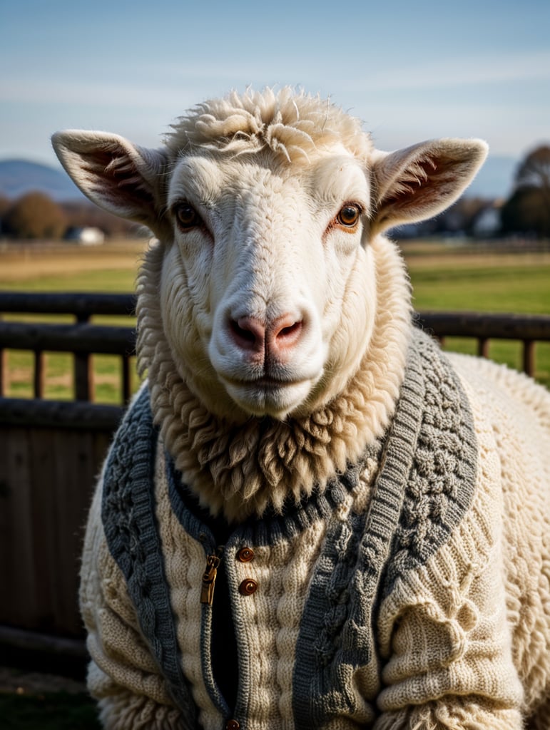 a white sheep wearing very hirsute crocheted sweaters for sheeple, portrait