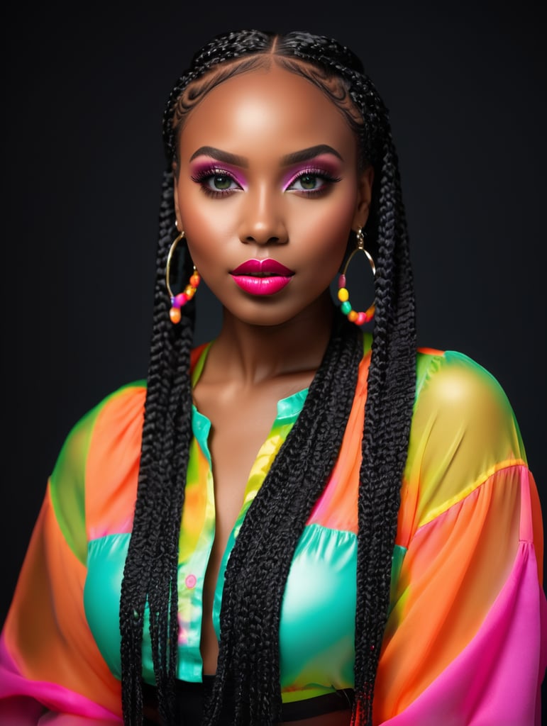 portrait of a beautiful black girl with box braids, black hair, model appearance, bright makeup, Black background with colored light behind the girl, bright blouse, full lips, contrasting light,