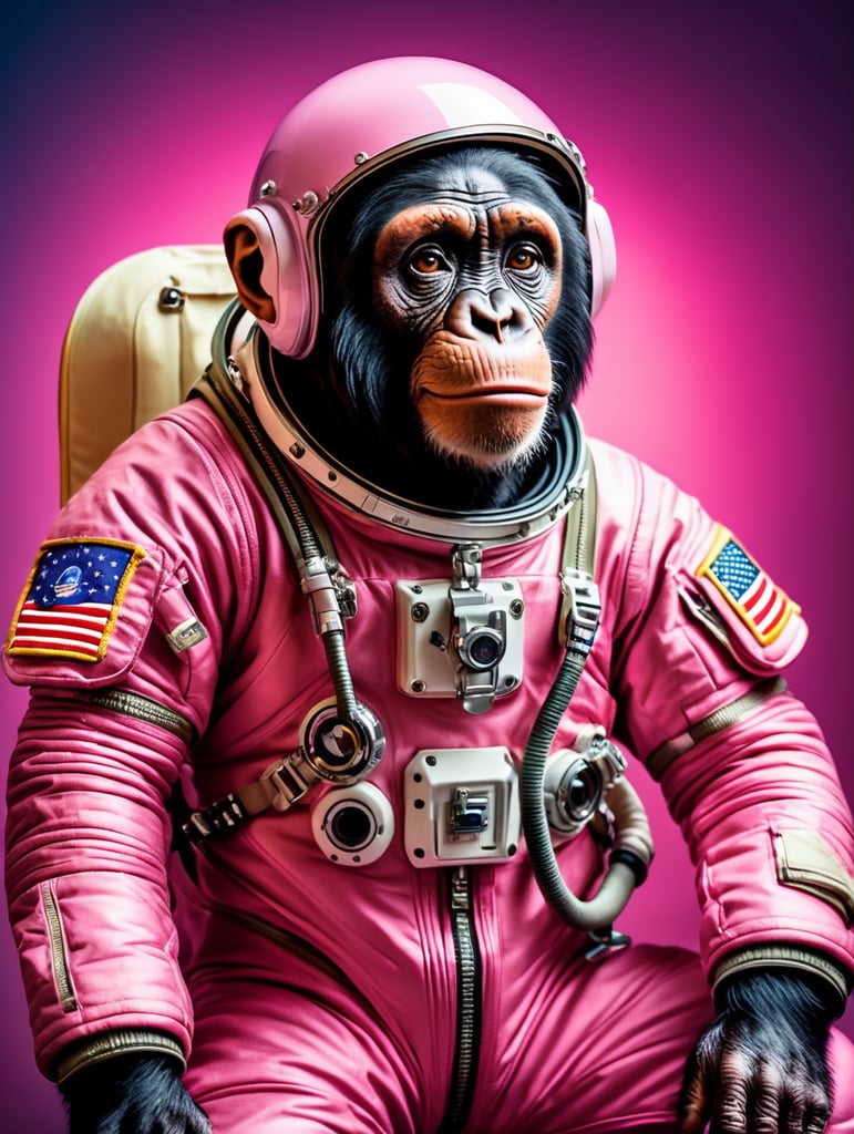 A chimpanzee going to space, wearing pink color astronaut suit, Vivid saturated colors, Contrast light, studio photo, professional photo, Detailed image, detailed face