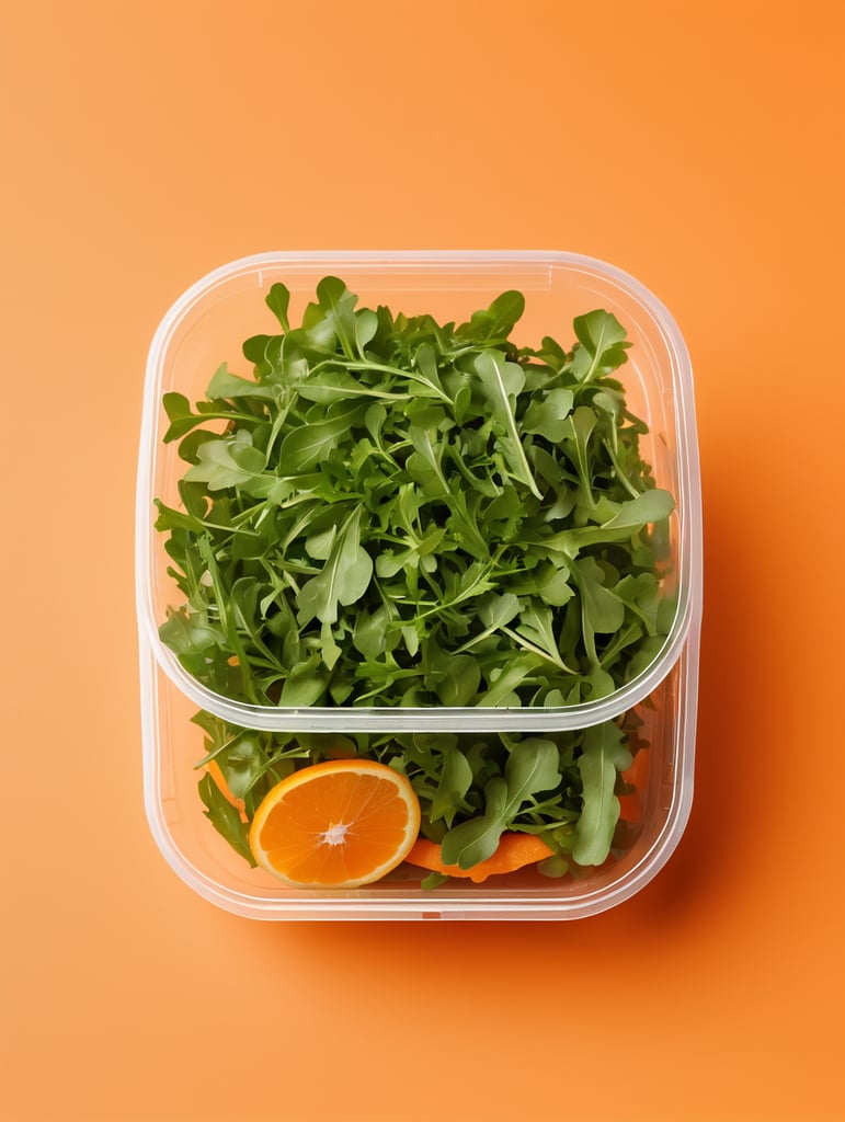 blank Transparent Plastic Container with Arugula Salad, isolated, orange background, Mockup, mock up