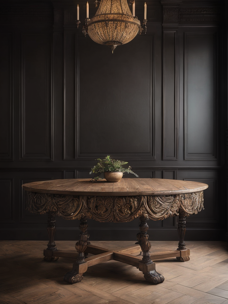 vintage and massive carved wooden table, deep carved wood, black wood