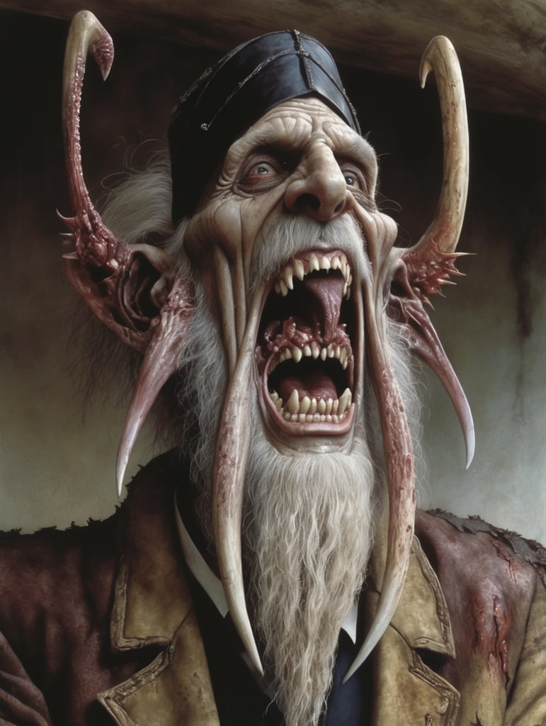 Old Rabbi smiling with Slit-Mouthed and razor sharp teeth Rotting flesh ,hored of flesh horror, ironic, creepy, scary caricature, satire, hyperdetailed illustration by Brian Bolland and iconic, hyperdetailed, digital illustration by Derek Riggs, (iconic, hyperdetailed, haunting digital illustration by Zdzisław Beksiński and Peter Gric. ) and artist Vincent Locke