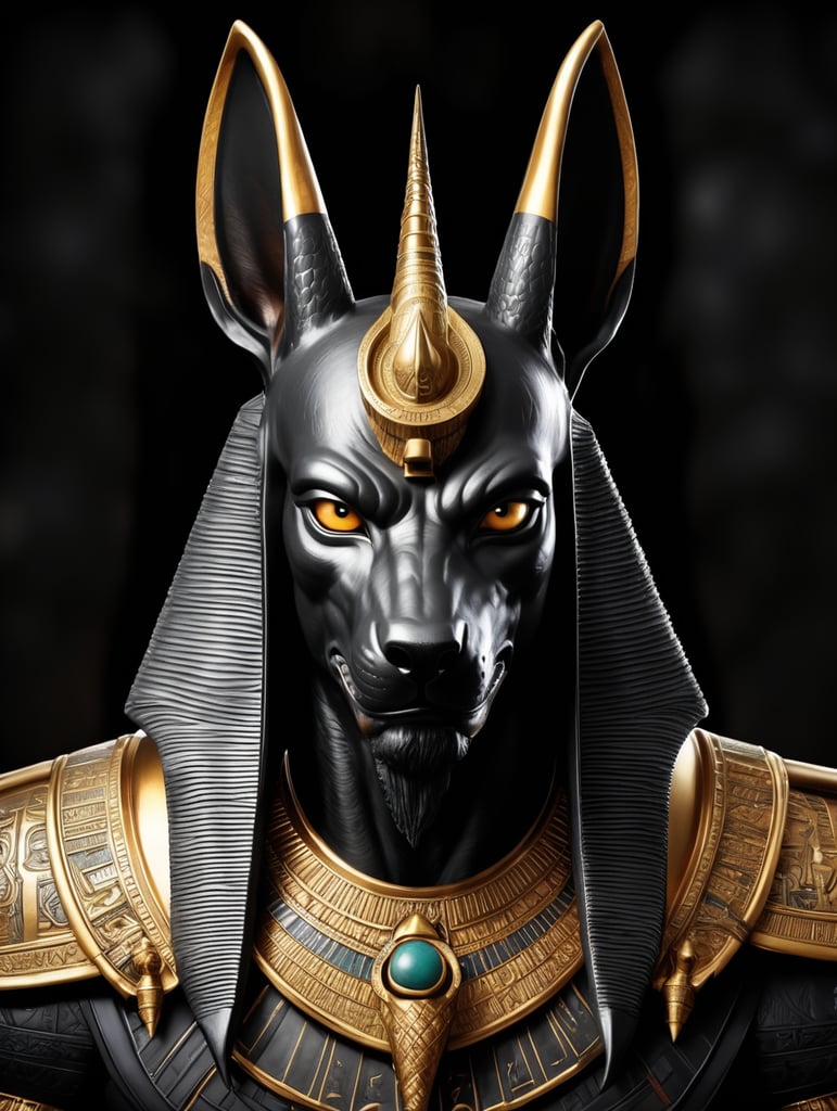 Egyptian god Anubis, portrait, hyper-realistic, dark style, focus on face, sharp on details, black background