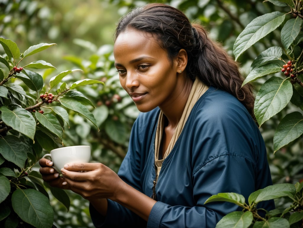 Create a typical ethiopian woman picking coffee from a coffee bush